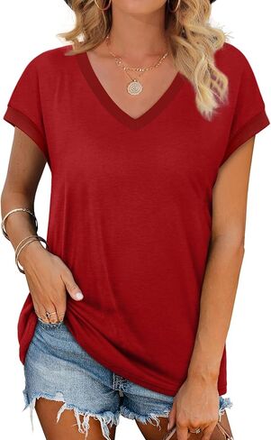 WIHOLL Womens Summer Tops 2026 Cap Short Sleeve Shirs V Neck T Shirts Fashion Beach Vacation Clothes Color Block in Kuwait