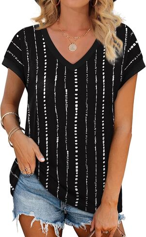 WIHOLL Womens Summer Tops 2026 Cap Short Sleeve Shirs V Neck T Shirts Fashion Beach Vacation Clothes Color Block in Kuwait
