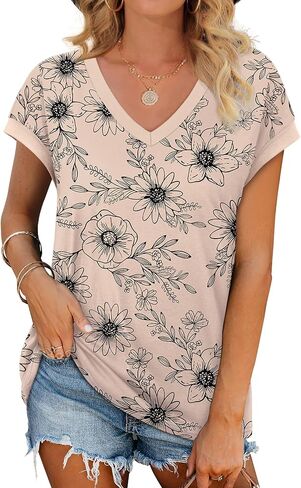WIHOLL Womens Summer Tops 2026 Cap Short Sleeve Shirs V Neck T Shirts Fashion Beach Vacation Clothes Color Block in Kuwait