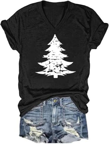 V Neck Merry Christmas Shirts for Women Xmas Tree Graphic T-Shirts Winter Bright Indoor Basic Tops New Year Festival Tee in Saudi Arabia
