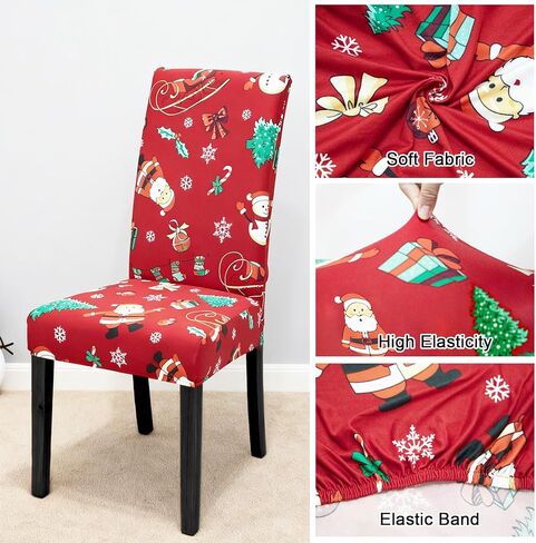 Christmas Chair Covers Set of 6 Stretch Dining Room Chair Protector Slipcovers Santa Claus Red Kitchen Seat Covers Spandex Decorations for Xmas Holiday Party Banquet Home Decor (6) in Saudi Arabia