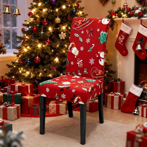 Christmas Chair Covers Set of 6 Stretch Dining Room Chair Protector Slipcovers Santa Claus Red Kitchen Seat Covers Spandex Decorations for Xmas Holiday Party Banquet Home Decor (6) in Saudi Arabia