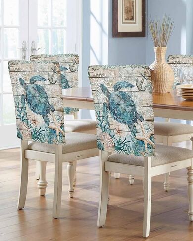 Teal Crab Coastal Chair Covers Set of 4 for Dining Room, Summer Beach Chair Back Cover, Nautical Starfish Shell Retro Removable Kitchen Chair Slipcovers Seat Protector for Party Banquet in Saudi Arabia