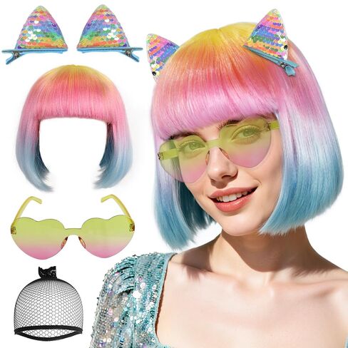 BESTBEL+Hair Cap Gradient Rainbow Bob Wig and Sunglasses and Hairpin Neon Wigs for Women Colorful Bob Wigs with Bangs Halloween Party Outfits Short Straight Wig Cosplay Costume Crazy Hair Day in Saudi Arabia