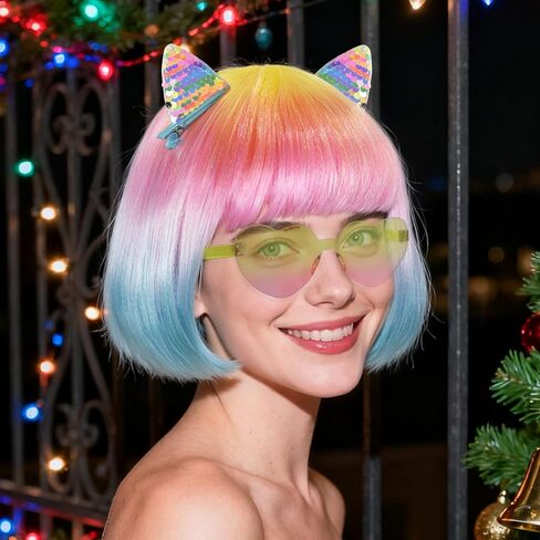 BESTBEL+Hair Cap Gradient Rainbow Bob Wig and Sunglasses and Hairpin Neon Wigs for Women Colorful Bob Wigs with Bangs Halloween Party Outfits Short Straight Wig Cosplay Costume Crazy Hair Day in Saudi Arabia