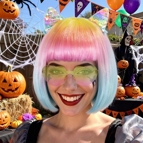 BESTBEL+Hair Cap Gradient Rainbow Bob Wig and Sunglasses and Hairpin Neon Wigs for Women Colorful Bob Wigs with Bangs Halloween Party Outfits Short Straight Wig Cosplay Costume Crazy Hair Day in Saudi Arabia