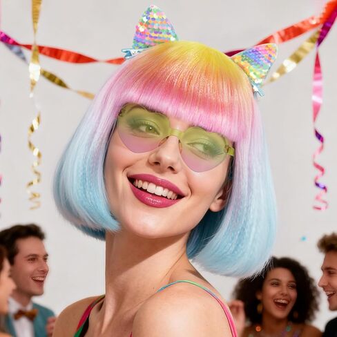 BESTBEL+Hair Cap Gradient Rainbow Bob Wig and Sunglasses and Hairpin Neon Wigs for Women Colorful Bob Wigs with Bangs Halloween Party Outfits Short Straight Wig Cosplay Costume Crazy Hair Day in Saudi Arabia