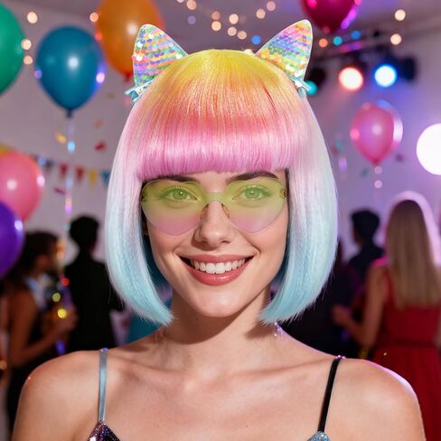 BESTBEL+Hair Cap Gradient Rainbow Bob Wig and Sunglasses and Hairpin Neon Wigs for Women Colorful Bob Wigs with Bangs Halloween Party Outfits Short Straight Wig Cosplay Costume Crazy Hair Day in Saudi Arabia