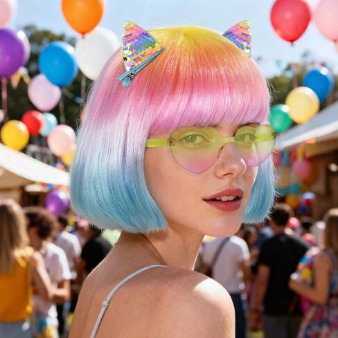 BESTBEL+Hair Cap Gradient Rainbow Bob Wig and Sunglasses and Hairpin Neon Wigs for Women Colorful Bob Wigs with Bangs Halloween Party Outfits Short Straight Wig Cosplay Costume Crazy Hair Day in Saudi Arabia