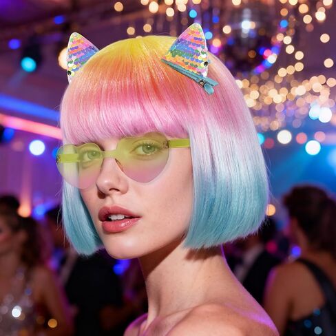 BESTBEL+Hair Cap Gradient Rainbow Bob Wig and Sunglasses and Hairpin Neon Wigs for Women Colorful Bob Wigs with Bangs Halloween Party Outfits Short Straight Wig Cosplay Costume Crazy Hair Day in Saudi Arabia