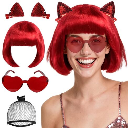 BESTBEL+Hair Cap Gradient Rainbow Bob Wig and Sunglasses and Hairpin Neon Wigs for Women Colorful Bob Wigs with Bangs Halloween Party Outfits Short Straight Wig Cosplay Costume Crazy Hair Day in Saudi Arabia