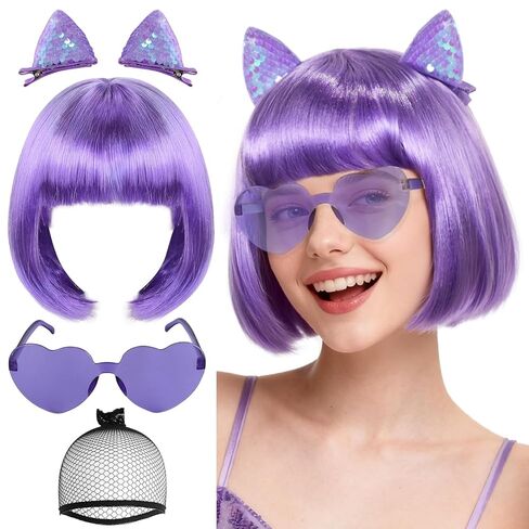 BESTBEL+Hair Cap Gradient Rainbow Bob Wig and Sunglasses and Hairpin Neon Wigs for Women Colorful Bob Wigs with Bangs Halloween Party Outfits Short Straight Wig Cosplay Costume Crazy Hair Day in Saudi Arabia