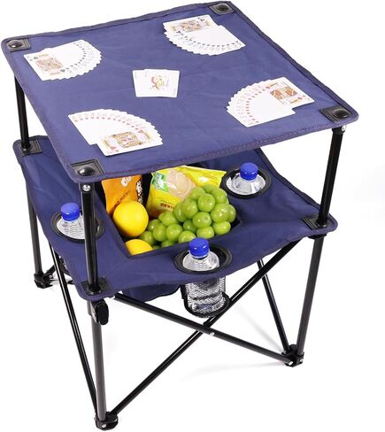 طاولة التخييم القابلة للطي المحمولة مع حاملي الكؤوس-طاولة خفيفة وضغوط ثنائية الطبقات مع تخزين ، مثالية لألعاب الورق ، الوجبات الخفيفة ، النزهة ، الخلفي والتخييم (Blue + Black) in Kuwait