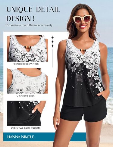 Hanna Nikole Women 2 Piece Tankini Swimsuits, Modest Bathing Suit, Beads V Neck Swimwear with Sporty Swim Shorts Pockets in Saudi Arabia