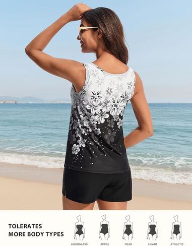 Hanna Nikole Women 2 Piece Tankini Swimsuits, Modest Bathing Suit, Beads V Neck Swimwear with Sporty Swim Shorts Pockets in Saudi Arabia