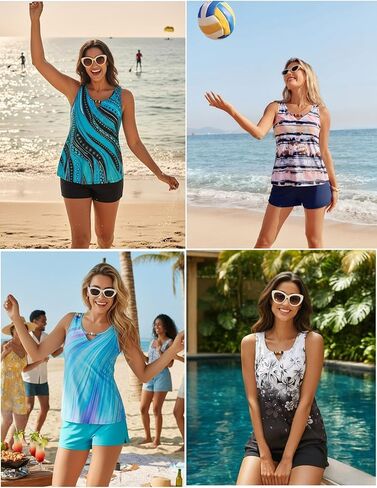 Hanna Nikole Women 2 Piece Tankini Swimsuits, Modest Bathing Suit, Beads V Neck Swimwear with Sporty Swim Shorts Pockets in Saudi Arabia