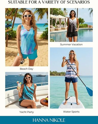 Hanna Nikole Women 2 Piece Tankini Swimsuits, Modest Bathing Suit, Beads V Neck Swimwear with Sporty Swim Shorts Pockets in Saudi Arabia
