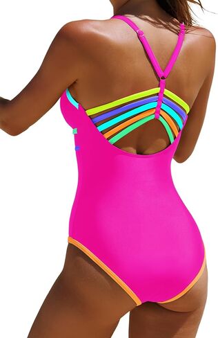 popvil Women One Piece Swimsuit 2026 Sexy Neon Color Block Bathing Suit for Women Back Strappy Low Back Slimming Swimwear in Saudi Arabia