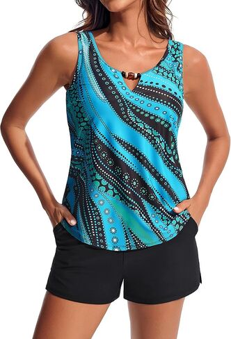 Hanna Nikole Women 2 Piece Tankini Swimsuits, Modest Bathing Suit, Beads V Neck Swimwear with Sporty Swim Shorts Pockets in Saudi Arabia