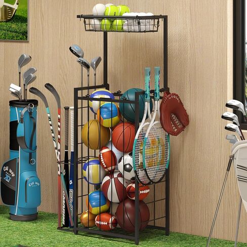 Sports Equipment Organizer, Small Garage Ball Storage Rack with Elastic Straps and 3 Hooks, Garage organization Storage Rack for Balls and sports equipment, Toy Organizer Stand for Room, Gym, Black in Saudi Arabia