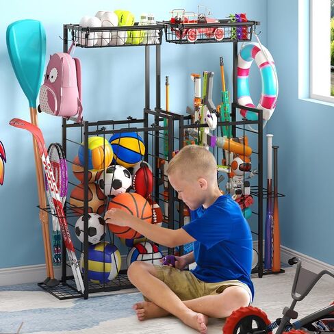 Sports Equipment Organizer, Small Garage Ball Storage Rack with Elastic Straps and 3 Hooks, Garage organization Storage Rack for Balls and sports equipment, Toy Organizer Stand for Room, Gym, Black in Saudi Arabia