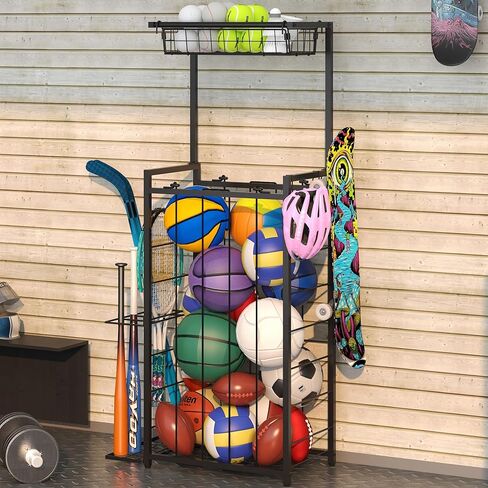Sports Equipment Organizer, Small Garage Ball Storage Rack with Elastic Straps and 3 Hooks, Garage organization Storage Rack for Balls and sports equipment, Toy Organizer Stand for Room, Gym, Black in Saudi Arabia