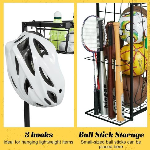 Sports Equipment Organizer, Small Garage Ball Storage Rack with Elastic Straps and 3 Hooks, Garage organization Storage Rack for Balls and sports equipment, Toy Organizer Stand for Room, Gym, Black in Saudi Arabia