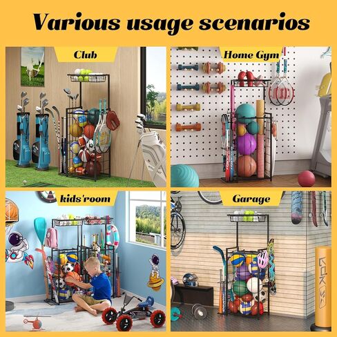 Sports Equipment Organizer, Small Garage Ball Storage Rack with Elastic Straps and 3 Hooks, Garage organization Storage Rack for Balls and sports equipment, Toy Organizer Stand for Room, Gym, Black in Saudi Arabia