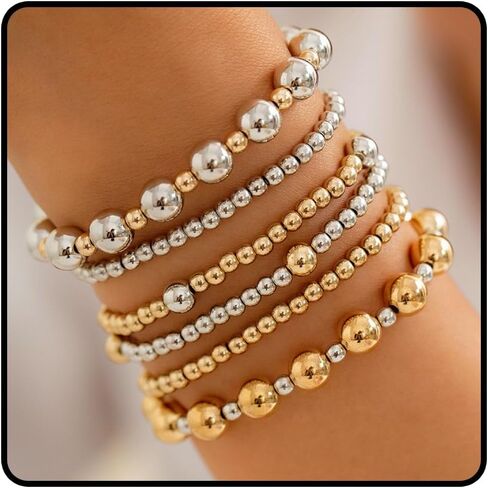 6 Pcs Two Tone Bracelets for Women Stackable Gold and Silver Beaded Bracelets Trendy Mixed Metal Beads Brace-lets Wedding Party Prom Daily Jewelry Gifts in Saudi Arabia