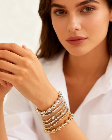 6 Pcs Two Tone Bracelets for Women Stackable Gold and Silver Beaded Bracelets Trendy Mixed Metal Beads Brace-lets Wedding Party Prom Daily Jewelry Gifts in Saudi Arabia