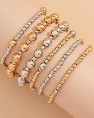 6 Pcs Two Tone Bracelets for Women Stackable Gold and Silver Beaded Bracelets Trendy Mixed Metal Beads Brace-lets Wedding Party Prom Daily Jewelry Gifts in Saudi Arabia