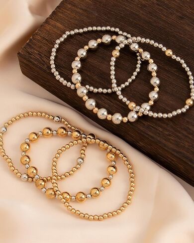 6 Pcs Two Tone Bracelets for Women Stackable Gold and Silver Beaded Bracelets Trendy Mixed Metal Beads Brace-lets Wedding Party Prom Daily Jewelry Gifts in Saudi Arabia