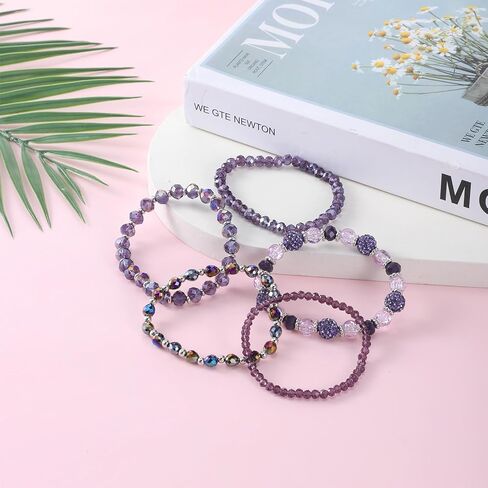 5 PCS Bohemian Beaded Bracelets for Women, Stackable Purple Bracelets for Women, Multilayered Purple Crystal Bracelets Boho Stretch Bracelet Costume Jewelry for Women in Saudi Arabia