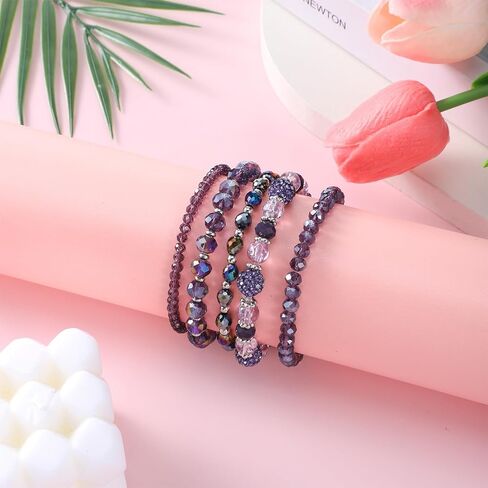 5 PCS Bohemian Beaded Bracelets for Women, Stackable Purple Bracelets for Women, Multilayered Purple Crystal Bracelets Boho Stretch Bracelet Costume Jewelry for Women in Saudi Arabia
