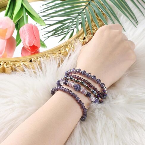 5 PCS Bohemian Beaded Bracelets for Women, Stackable Purple Bracelets for Women, Multilayered Purple Crystal Bracelets Boho Stretch Bracelet Costume Jewelry for Women in Saudi Arabia