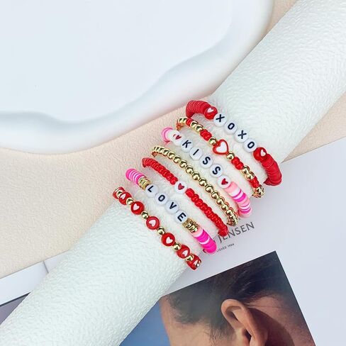 YBMYCM 7pcs Heart Love Bracelet for Women Clay Bead Bracelet Heishi Surfer Bracelets Set Love Heart Cute Pink Red Stackable Stretch Bracelets for Valentines Day Accessories Jewelry Gifts in Saudi Arabia