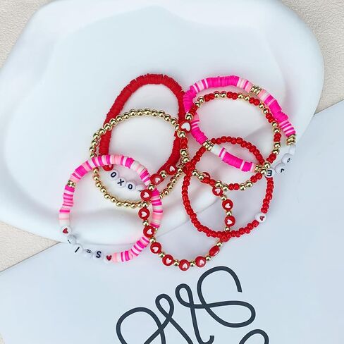 YBMYCM 7pcs Heart Love Bracelet for Women Clay Bead Bracelet Heishi Surfer Bracelets Set Love Heart Cute Pink Red Stackable Stretch Bracelets for Valentines Day Accessories Jewelry Gifts in Saudi Arabia