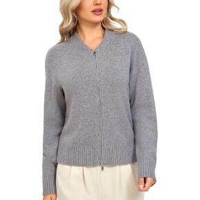 Zip Up Sweater for Women - 100% Merino Wool Cardigan 2-Way Hidden Knit Open Front Jacket with Baseball Collar Outwear in Saudi Arabia