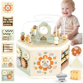 JoyReal Wooden Activity Cube for Baby-8 in-1 Montessori Toys لعمر واحد ، لعبة حسية وتعليمية متعددة الأغراض لطفل 12 مترًا+ طفلًا صغيرًا ، طفلًا ، هدايا عيد الميلاد الأولى بوي والفتاة in Kuwait