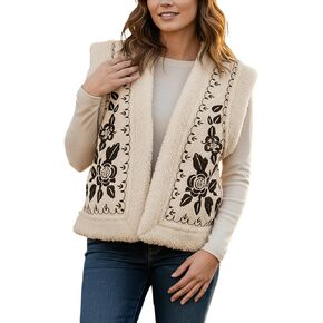 Women's Floral Embroidered Fuzzy Vest Boho Vintage Open Front Jacket Outerwear in Saudi Arabia