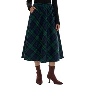 Women's Long Plaid Wool Skirt Fall Winter High Waisted A-line Pleated Tartan Long Skirt with Pockets(Green and Navy Blue,Medium) in Saudi Arabia