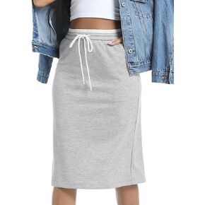 Women's Midi Skirt Drawstring Elastic Waist Sweat Skirts Back Slit with Pockets in Saudi Arabia