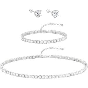 Silver Jewelry Set Tennis Necklaces for Women Silver Wedding Jewelry Sets for Brides Rhinestone Choker Necklace and Earring Set Bridal Prom Jewelry Set Accessories in Saudi Arabia