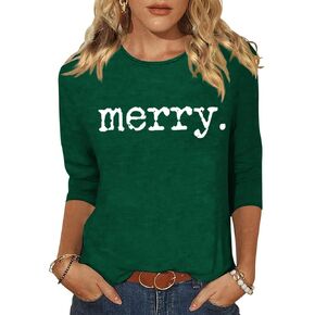 Womens Merry Christmas 3/4 Sleeve Shirt Funny Xmas Buffalo Plaid Letter Printed Tree Graphic Tee Winter Holiday Top in Saudi Arabia