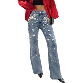 Women's Novelty Fashion Rhinestone and Pearl Trim Jeans, Straight Leg Denim Pants in Saudi Arabia