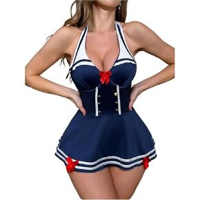 SOLY HUX Women's 2 Piece Lingerie Costume Striped Halter Babydoll Mini Dress with Thong in Kuwait