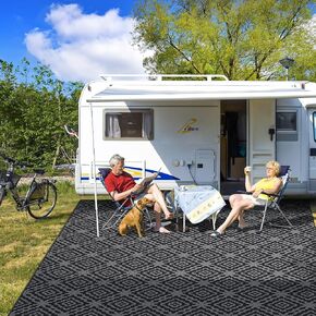 GOTGELIF Outdoor Camping Rug Waterproof 9x18FT, Large Reversible Stain&UV Resistant Plastic Straw RV Rug for Outside Patio Pool Deck Beach Indoor, Area Carpet Mat with Portable Bag&4 Stakes-Black Grey in Saudi Arabia