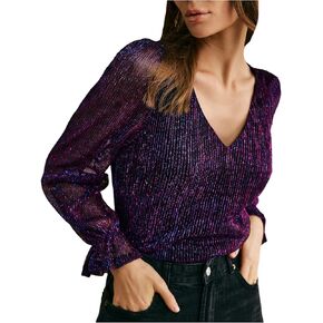 SHENHE Women's Glitter Sparkly Sheer Long Sleeve V Neck Shiny Elegant Blouses Top in Saudi Arabia