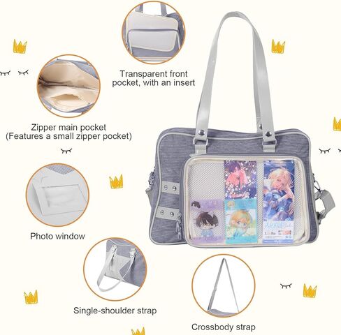 Kawaii Ita Bag Crossbody, Pin Purse, Messenger Bag Pin Display,Shoulderbag with Transparent Incert, Corduroy in Saudi Arabia