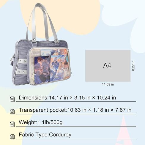Kawaii Ita Bag Crossbody, Pin Purse, Messenger Bag Pin Display,Shoulderbag with Transparent Incert, Corduroy in Saudi Arabia